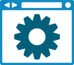 Das Bild zeigt ein Zahnrad im Monitor als Zeichen für Content-Erstellung am PC