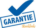 Grafik mit blauem Haken und der Aufschrift Garantie Backlinks