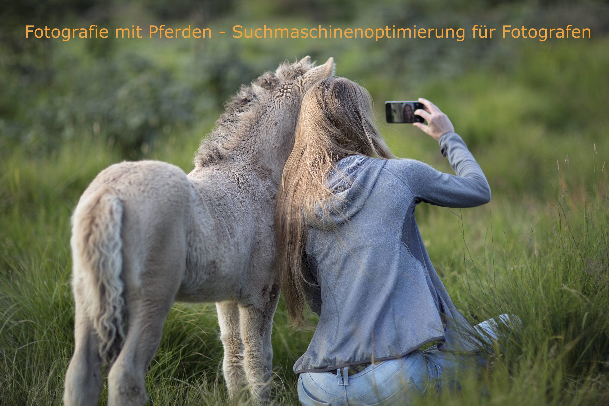 Bild von einer Frau die sich und ein Pferd fotografiert mit dem Schriftzug Fotografie mit Pferden – Suchmaschinenoptimierung für Fotografen